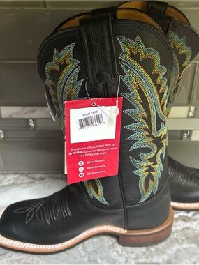 Justin Women's Shay 11" Western Cowboy Boots Black turquoise Square Toe NEW SZ 6